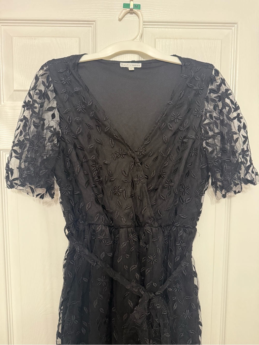 Baltic Born Black Embroidered V-Neck Midi Dress with Tie Waist - Picture 2 of 4
